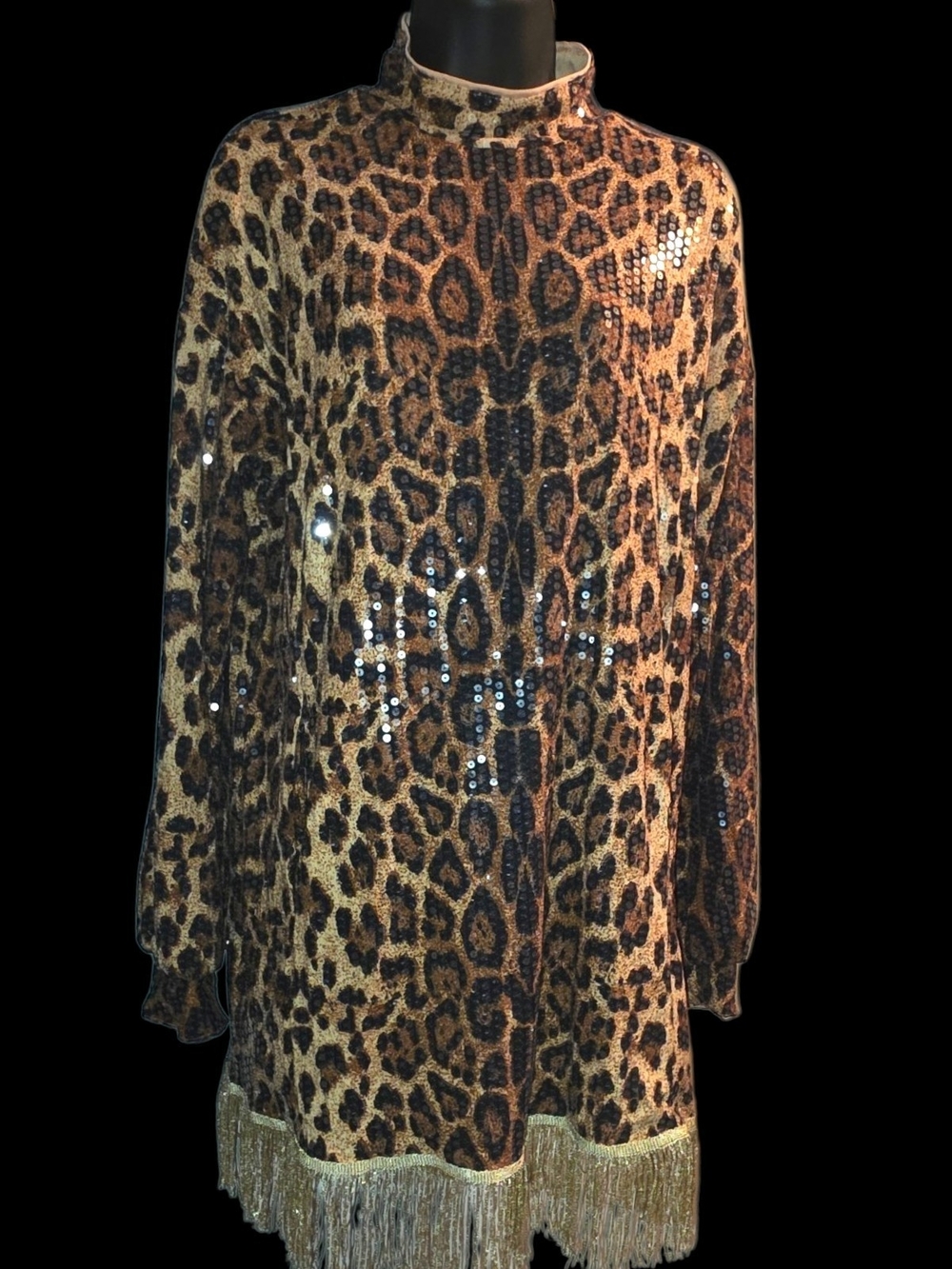 Leopard Sequin Fringe Tunic Top - Brown